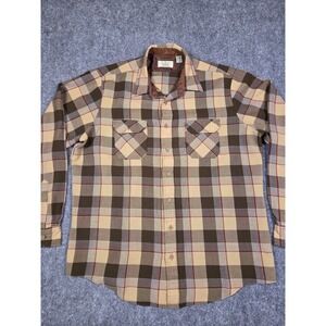 Vintage 70s Sears Shirt Mens XL Tall Plaid Button Down Brown Long Sleeve Flannel